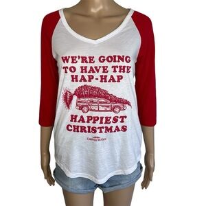 National Lampoons Christmas Vacation Red White V-Neck 3/4 Sleeve Graphic T-Shirt